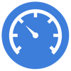 White icon of a speedometer or gauge dial inside a blue circle, with the needle pointing to the upper-left.