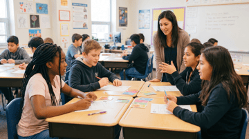 A small group of diverse middle school students (grades 5–9) working together at grouped desks, with an educator or counselor leaning in to support them,
