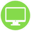 White icon of a desktop computer monitor inside a green circle.