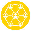 White icon on a yellow circle depicting a central user profile icon connected by lines to six surrounding user profile icons in a circular network