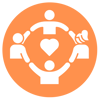 White icon on an orange circle showing four simplified people figures holding hands in a ring, encircling a heart in the center.