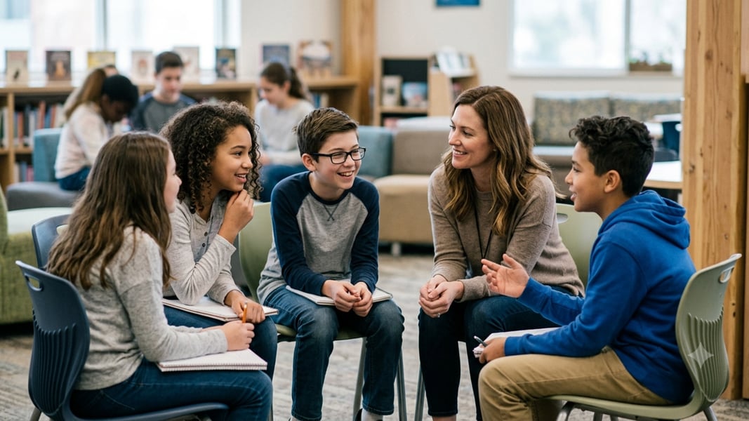 A group of middle school students sitting in a circle in a school library, actively having a conversation with a supportive female teacher.