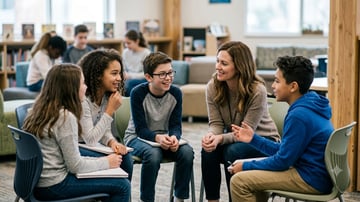 A group of middle school students sitting in a circle in a school library, actively having a conversation with a supportive female teacher.