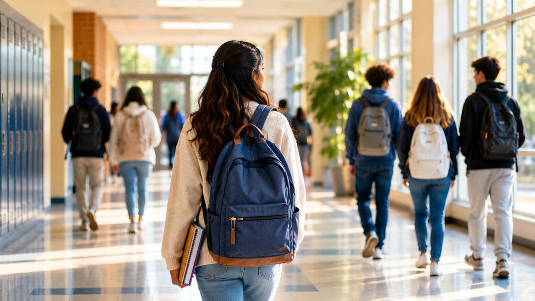 Student carrying a backpack walks through a bright school hallway as other students move between classes, representing the transition to a new school environment.