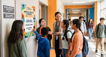 A smiling school counselor guiding a diverse group of middle and high school students around a brightly colored 