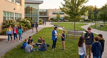 An outdoor scene on a modern school campus featuring diverse middle and high school students engaging in candid interactions. Groups of students walk along a paved path, sit on the grass chatting, and converse with a supportive teacher near a park bench, capturing an authentic, connected school environment.