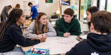 Students participating in a collaborative school mental health lesson in a classroom.