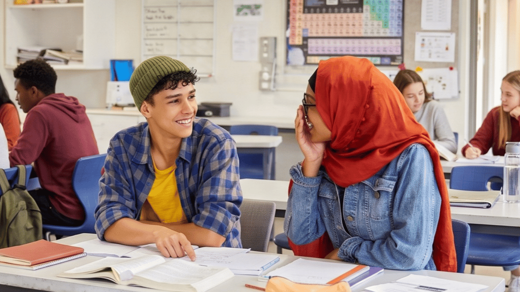 High school students connecting happily in the classroom.