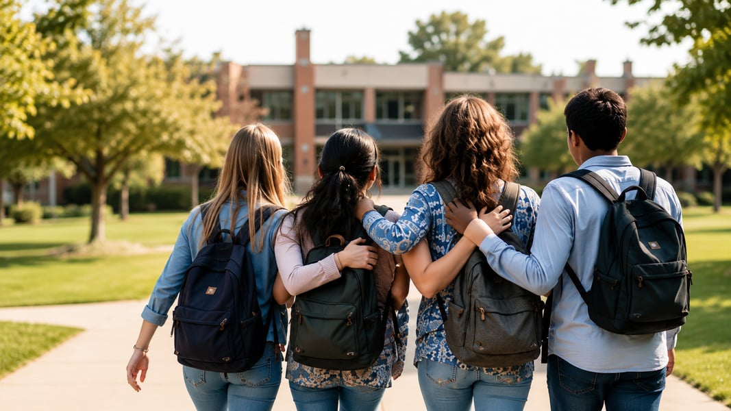 Students with their arms around each other outside a school, representing connection and support.